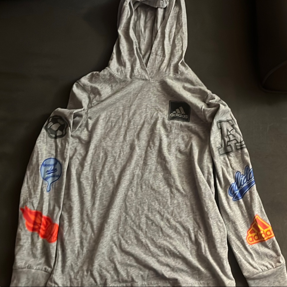 Adidas Gray Hoodie with Colorful Patches